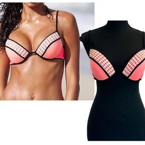 Victoria’s Secret peach neon hot pink colour block crochet sexy bikini top 34D